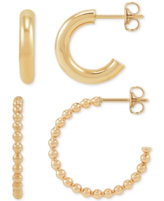 Macy's - 2-Pc. Set Polished & Beaded Small Hoop Earrings in 10k Gold, 0.59" & 0.79"