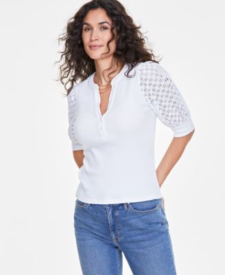 On 34th - Women's Eyelet-Sleeve Henley T-Shirt