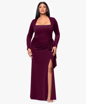 XSCAPE - Plus Size Scuba Square-Neck Ruffle-Side Gown