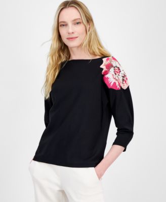Anne Klein - Women's Sequined-Shoulder 3/4- Sleeve Sweater