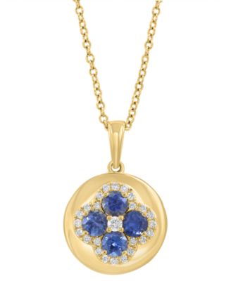 EFFY Collection - Blue Sapphire (5/8 ct. t.w.) & Diamond (1/6 ct. t.w.) Flower Disc 18" Pendant Necklace in 14k Yellow Gold