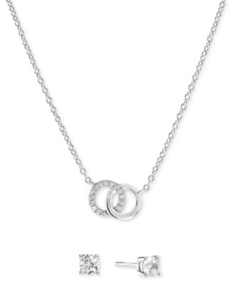 Macy's - 2-Pc. Set Cubic Zirconia Interlocking Rings Pendant Necklace & Solitaire Stud Earrings in Sterling Silver