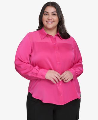 DKNY - Plus Size Mixed Media Button Front Blouse