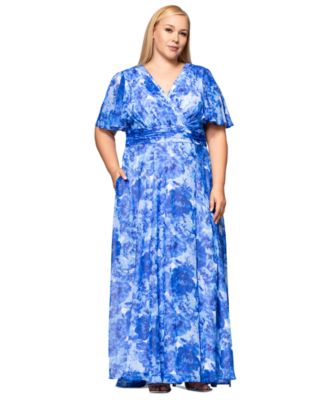 Betsy & Adam - Plus Size V-Neck Printed-Metallic A-Line Gown