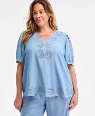 Style & Co - Plus Size Scalloped Eyelet Top
