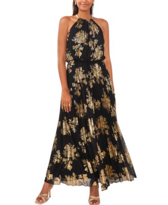 MSK - Petite Pleated Gold-Print Gown