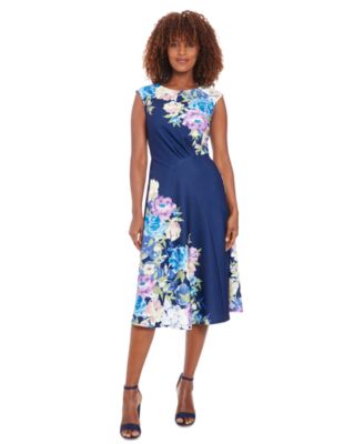 London Times - Women's Floral Extended-Shoulder Midi Dress