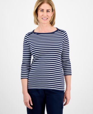 Style & Co - Petite Cotton Striped Boat-Neck 3/4-Sleeve Top