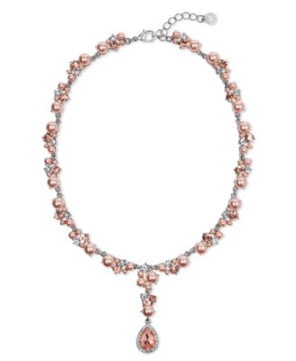 Charter Club - Silver-Tone Pink Crystal & Imitation Pearl Lariat Necklace, 17" + 2" extender