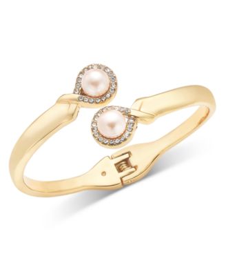 Charter Club - Gold-Tone Pink Imitation Pearl Bypass Hinge Bracelet
