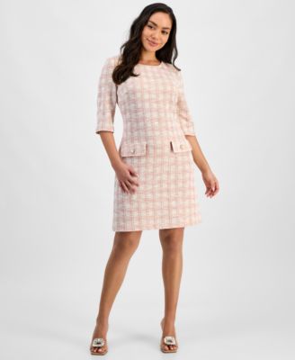 Connected - Petite Checkered Tweed 3/4-Sleeve Sheath Dress