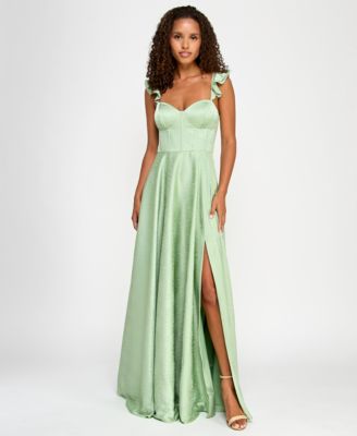 B Darlin - Juniors' Satin Sweetheart Ruffle-Strap Gown