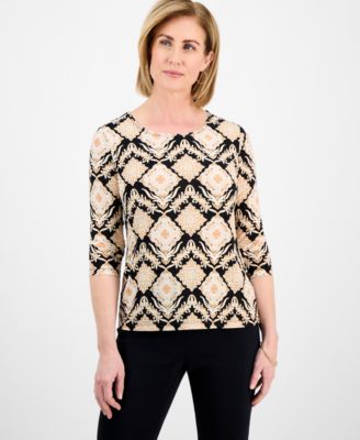 JM Collection - Petite Adriana Azulejos 3/4-Sleeve Jacquard Top