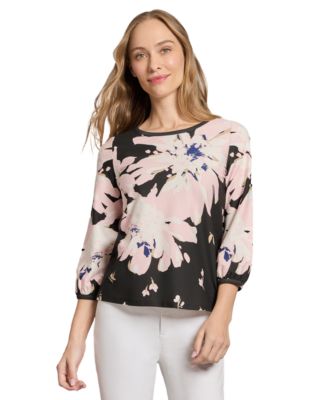 Jones New York - Women's Pleat-Neck 3/4-Sleeve Floral-Print Top