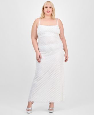 B Darlin - Trendy Plus Size Pearl-Embellished Mesh Sleeveless Gown