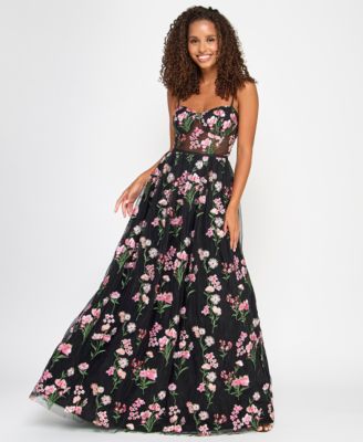 City Studios - Juniors' Floral-Embroidered Tulle Ballgown