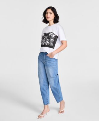 Bar III - Women's Cotton Cut-Out Slash Barrel-Leg Denim Pants