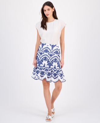 Anne Klein - Petite Cotton Eyelet-Embroidered Scalloped-Hem Skirt