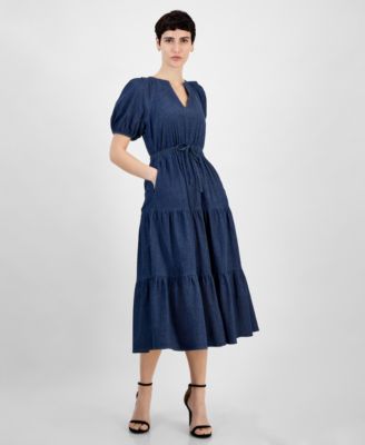 Anne Klein - Petite Puff-Sleeve Tiered Denim Midi Dress
