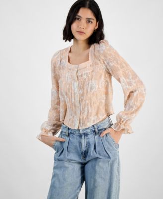 And Now This - Women's Pleated Lace-Trim Floral-Print Blouse