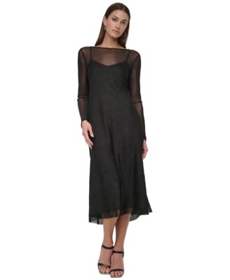DKNY - Women's Illusion Long-Sleeve Crushed Charmeuse Slip Dress