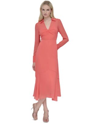 DKNY - Women's Collared V-Neck Long-Sleeve Chiffon Dress
