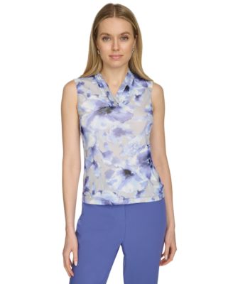 Calvin Klein - Women's Printed Mesh V-Neck Top