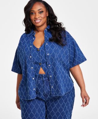 Nina Parker - Plus Size Diamond-Texture Denim Shirt