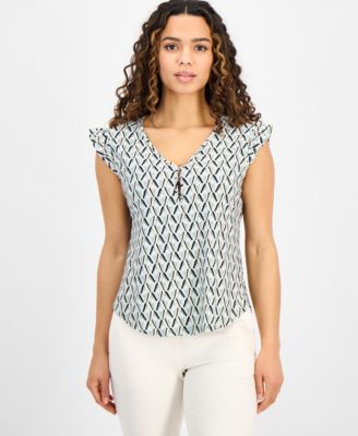 AK Anne Klein - Petite Printed Ruffle-Sleeve Top