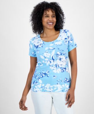 Style & Co - Petite Floral-Print Scoop-Neck Short-Sleeve Knit Top