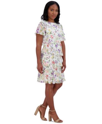 Jessica Howard - Petite Chiffon Flutter-Sleeve Floral-Print Dress