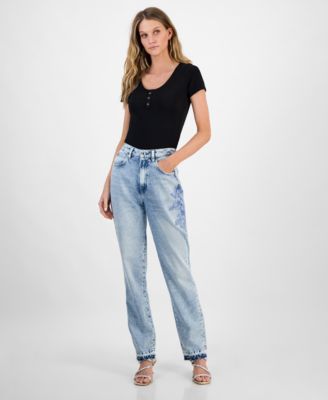 GUESS - Women's Flower-Trim High Rise Tapered-Leg Mom Jeans