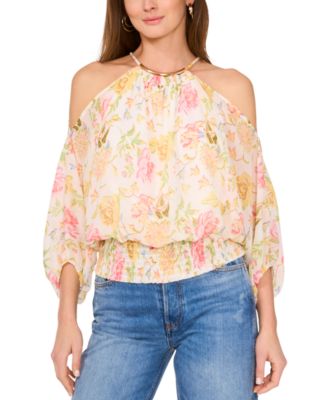 Sam & Jess - Petite Cold-Shoulder Smocked-Hem Blouse