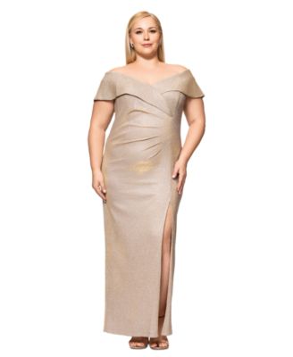 XSCAPE - Plus Size Off-The-Shoulder Glitter Gown