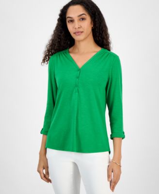 Kasper - Women's Draped Cuffed-Sleeve Henley-Neck Top