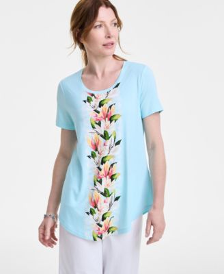 JM Collection - Petite Floral Scoop-Neck Short-Sleeve Top