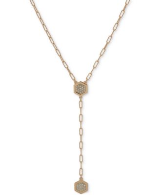 DKNY - Gold-Tone Crystal Pav&eacute; Hexagon Lariat Necklace, 16" + 3" extender