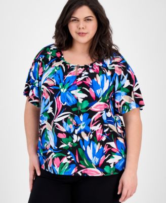 AK Anne Klein - Plus Size Floral-Print Short-Sleeve Top
