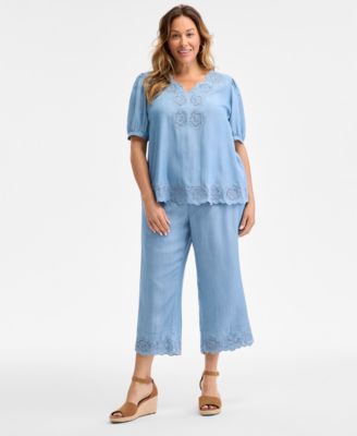 Style & Co - Plus Size Scalloped Eyelet Top & Chambray Pull-On Pants