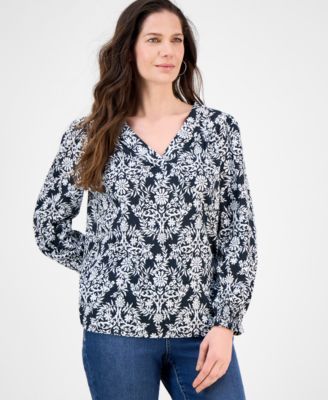 Style & Co - Women's Printed V-Neck Smocked-Cuff Top