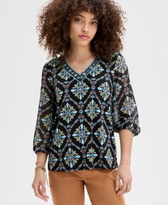 JM Collection - Petite Artisan Medallion-Print Embellished Top
