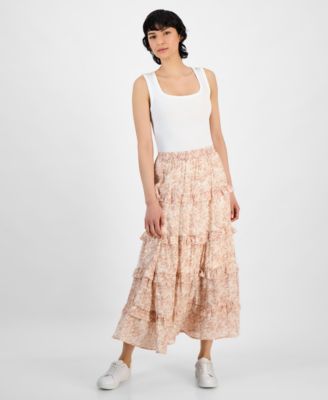 And Now This - Petite Flora-Print Tiered Skirt