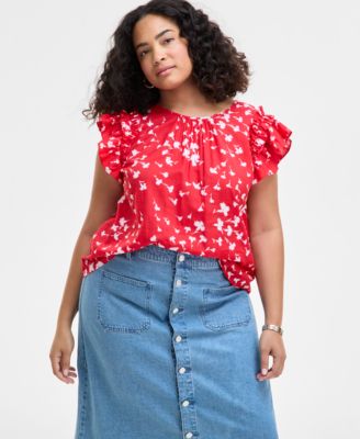 On 34th - Trendy Plus Size Flowing Meadow Ruffle-Sleeve Top