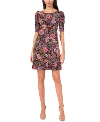 MSK - Petite Floral-Print Puffed-Shoulder Ruffled-Hem Dress