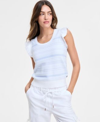 Nautica Jeans - Women's Cotton Striped Ruffled-Sleeve Sweater