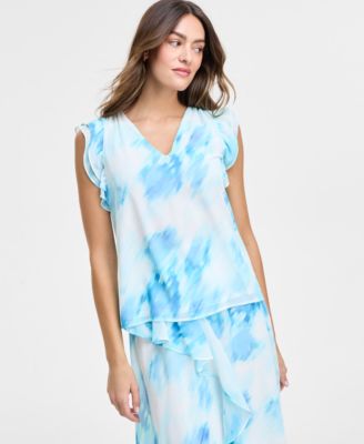 Jones New York - Women's Printed Flutter-Sleeve Top