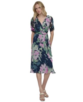 DKNY - Women's Floral Tie-Waist Ruched-Sleeve Dress