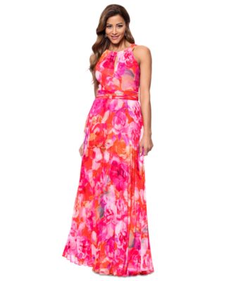 XSCAPE - Women's Printed Pleated Sleeveless Halter-Neck Gown