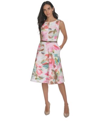 Calvin Klein - Women's Floral Belted Jewel-Neck A-Line Dress