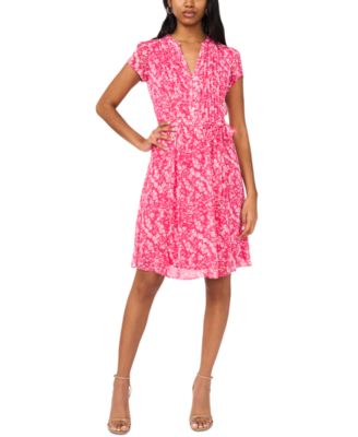 MSK - Petite Printed Split-Neck Pin-Tuck Tie Waist Dress